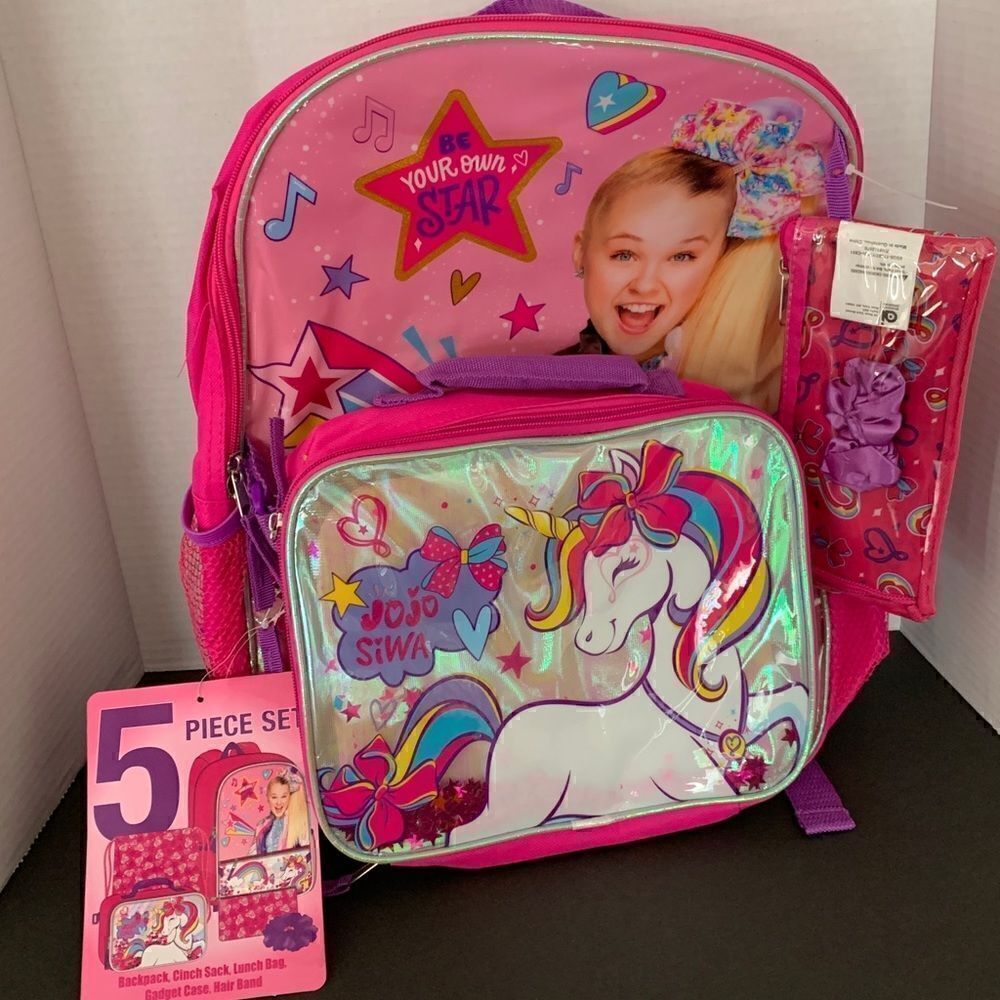 JoJoΒ Siwa 5 Pc. Backpack LunchβBagβCinchβSackβGadgetβCaseβHairβBandβ16"